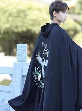 汉服男斗篷重明鸟昙花黑色薄款