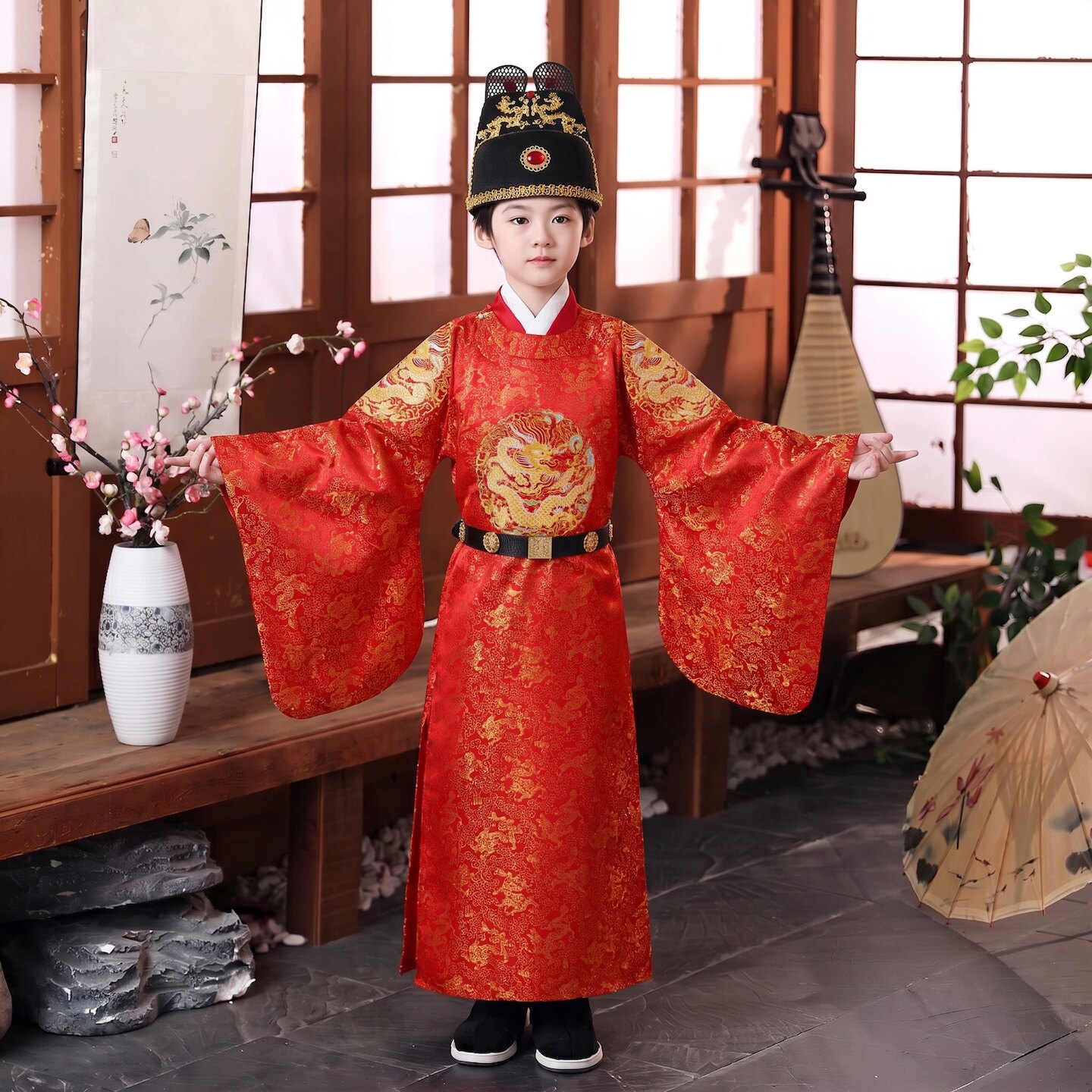 儿童男童汉服皇帝龙袍四团龙绣花