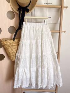 法式小个子白色高腰蕾丝拼接半身裙女秋冬季新款蛋糕中长款裙子