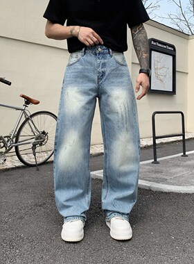 美式潮牌clenfit水洗蓝色做旧抓痕牛仔裤男宽松街头阔腿直筒长裤