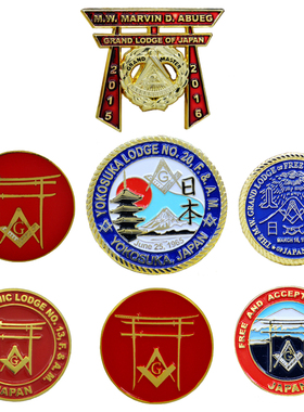 出口日本共济会徽章神社鸟居镀金金属圆形胸章创意书包章卡通胸针