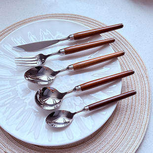 【超高颜值】【珍惜红贵】木柄餐勺叉西餐刀甜品304不锈钢圆头勺