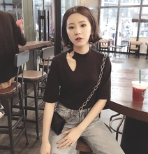 大码胖mm修身五分袖半高领镂空性感学生心机百搭打底衫上衣T恤女