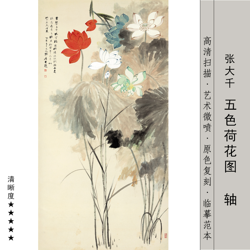 张大千五色荷花水墨画工笔花卉泼彩临摹画稿新中式书房卧室装饰画图片
