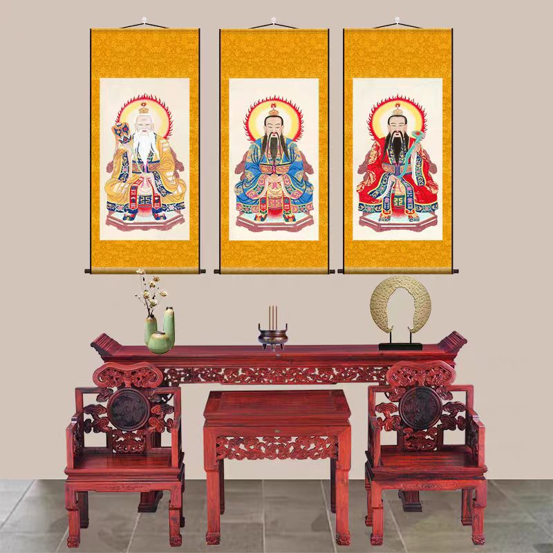 新款道家三清画像一整套原始道德天尊祖师爷中堂挂画太上老君像