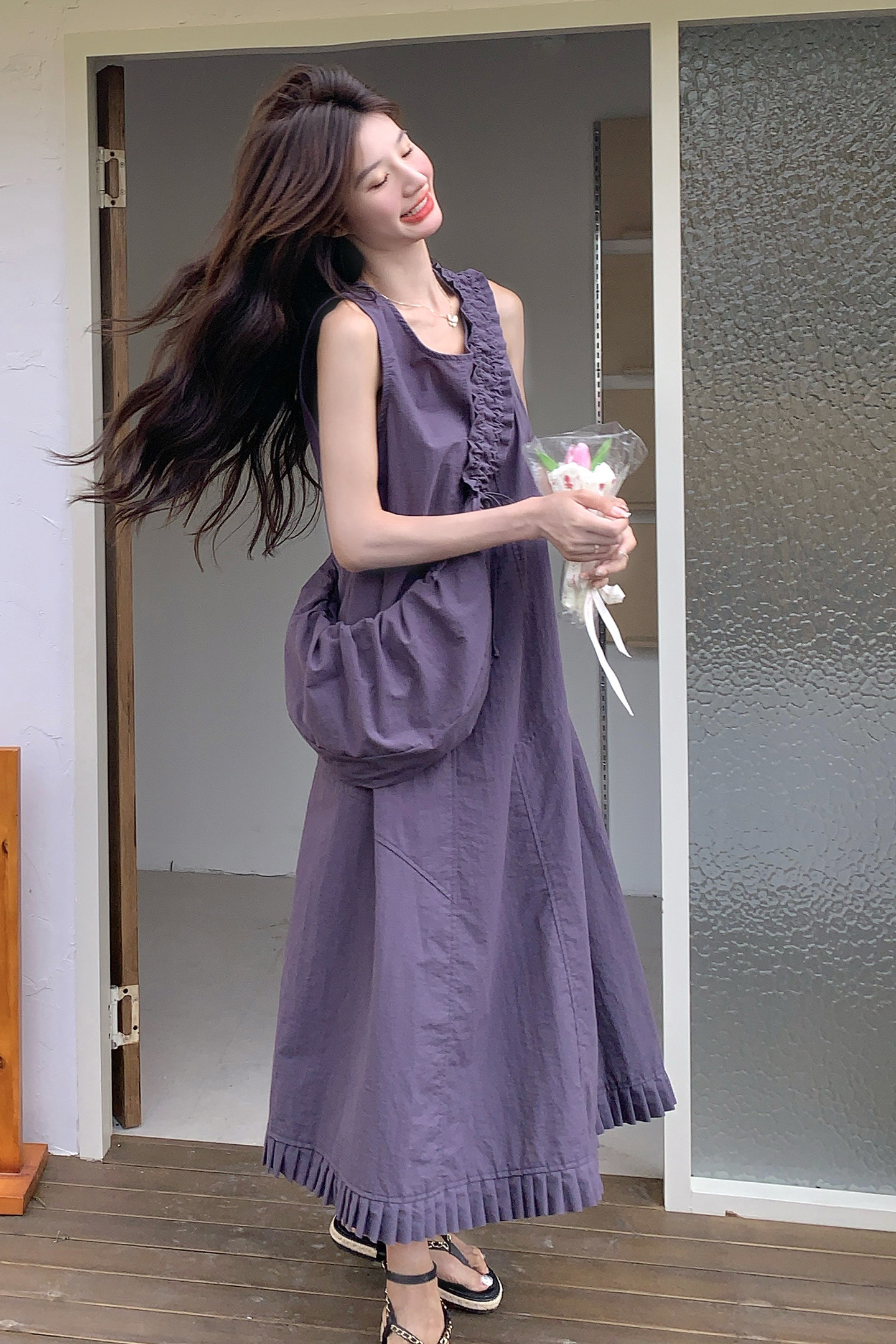 紫色无袖连衣裙女夏季2025新款高级感流行独特小众绝美背心裙长裙,女装连衣裙,2C339