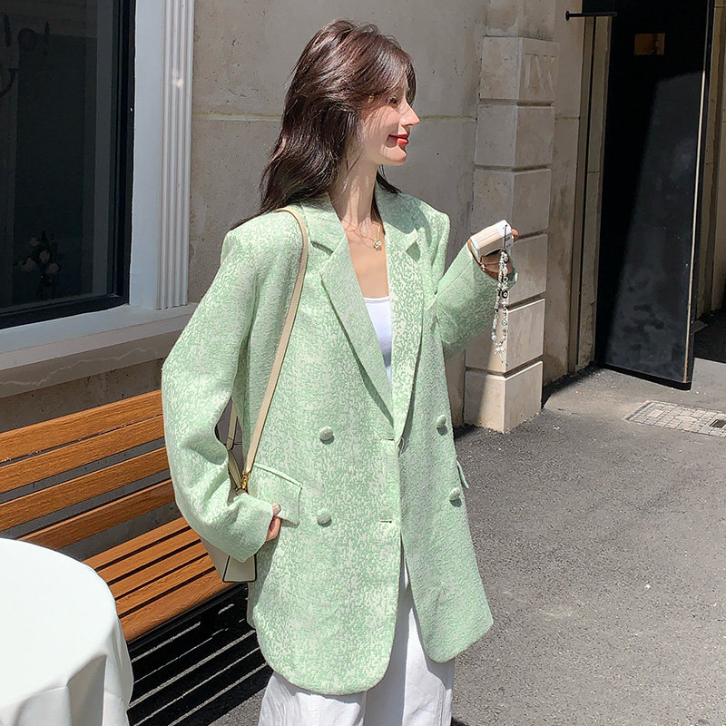浅绿色提花西装外套女2025秋季新款韩系高级感独特超好看西服上衣,女装西装,2C339