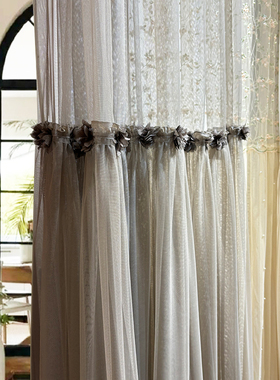 法式意式窗纱轻奢灰色蕾丝裙摆窗纱花朵拼接氛围感仙女纱飘窗高窗