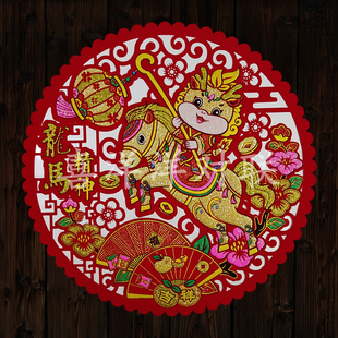 2026马年春节卡通生肖窗花龍马精神圆形绒布镂空门贴玻璃墙壁贴画
