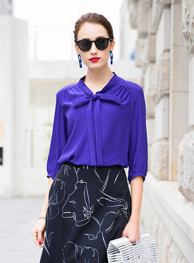 真丝衬衫女7分袖春夏新款浅蓝色时尚围巾领系带百搭桑蚕丝T恤