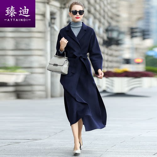 时尚翻领加厚100羊毛浴袍款长款大衣秋冬双面毛呢大衣女修身