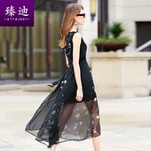 臻迪2025夏季 连衣裙高腰V领飘逸裙 简约气质时尚 新款 女装