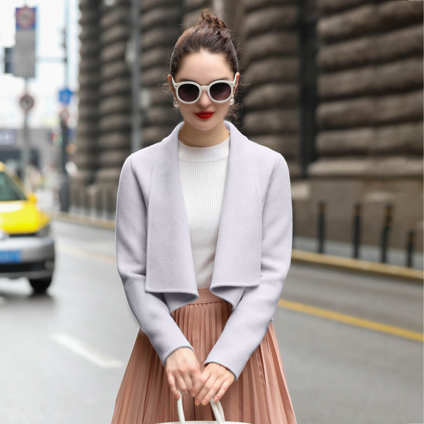 羊毛双面呢大衣女超短款秋冬加厚翻领毛呢短外套女小个子显高