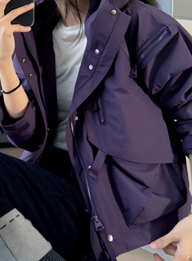 2025 探险少女外套 防风防水防污 户外运动连帽 紫色冲锋衣夹克