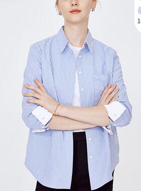 意大利小帆船同款 蓝色工装 纯棉宽松衬衫女长袖 商务条纹衬衣