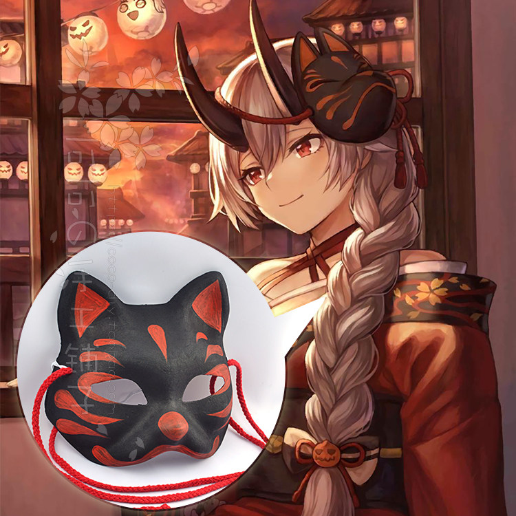 定制古风汉服狐狸猫面具手绘动漫 黑红色夏日红绳cosplay头饰包邮