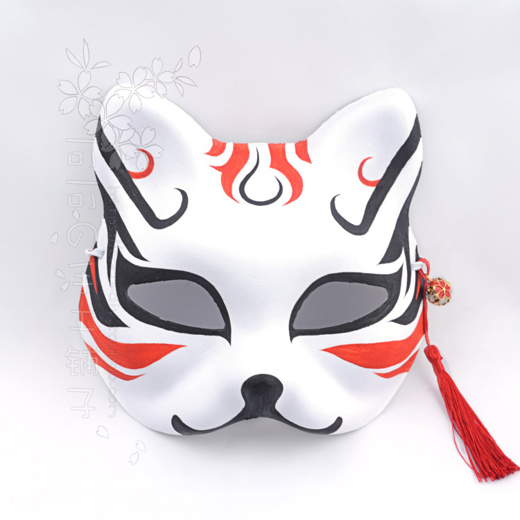 手工定制手绘狐狸猫面具古风表演动漫cosplay舞会红黑色流苏铃铛