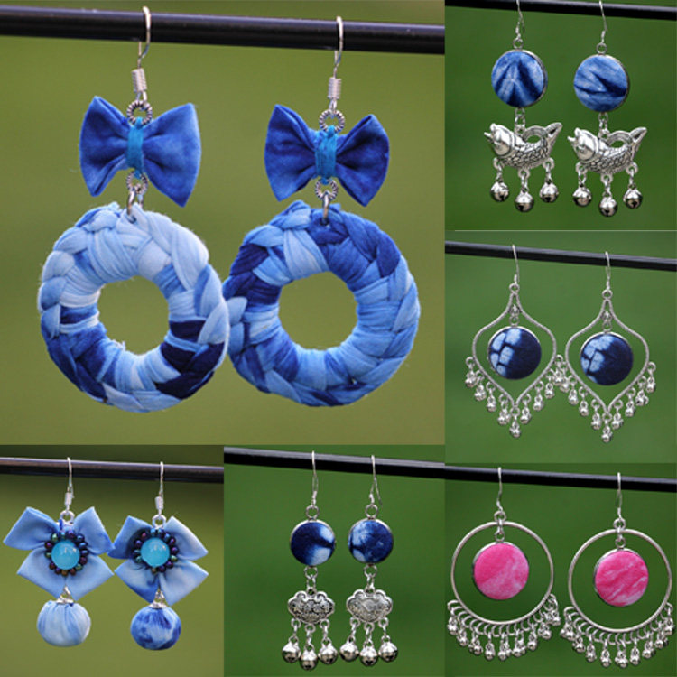 民族特色布艺扎染耳环大理女蓝染盘扣手工耳环耳饰文艺舞蹈大耳坠