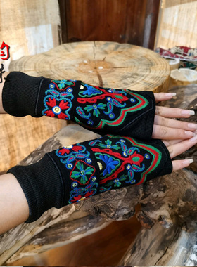 杨丽萍正版原创双层针织绣花孔雀舞露指弹力手套保暖半指个性护腕