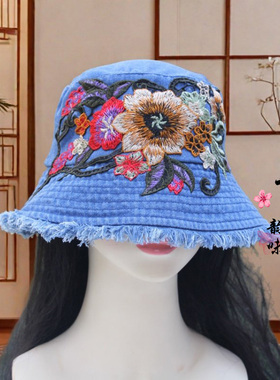 绣花牛仔渔夫帽女夏季防晒遮阳帽