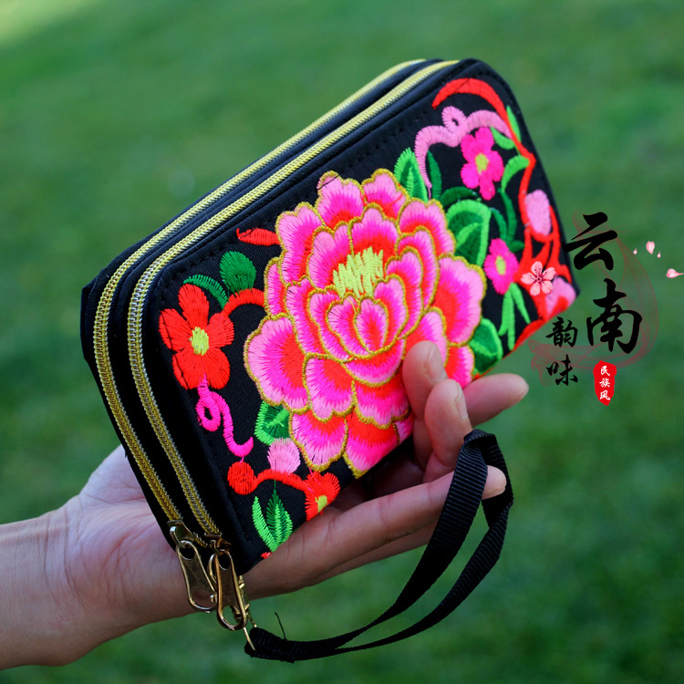 民族风新款双拉链钱包女士长款大容量手拿包双层钱夹简约手机零钱