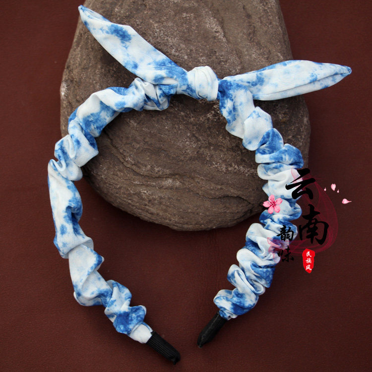 云南复古风蓝色扎染发箍民族风蓝染系列浪漫沙滩风情发箍兔耳朵