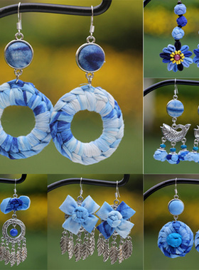 云南大理丽江度假风蓝色扎染花朵耳环2025新款文艺拍照蓝染耳饰品