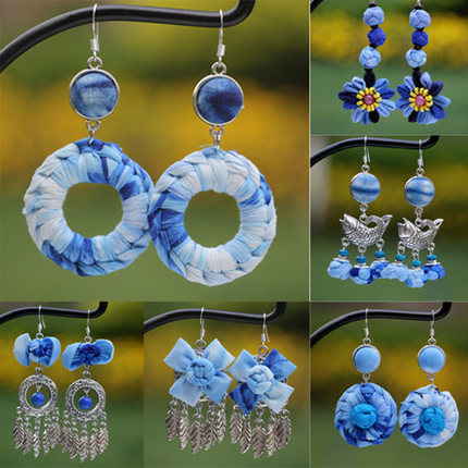 云南大理丽江度假风蓝色扎染花朵耳环2025新款文艺拍照蓝染耳饰品