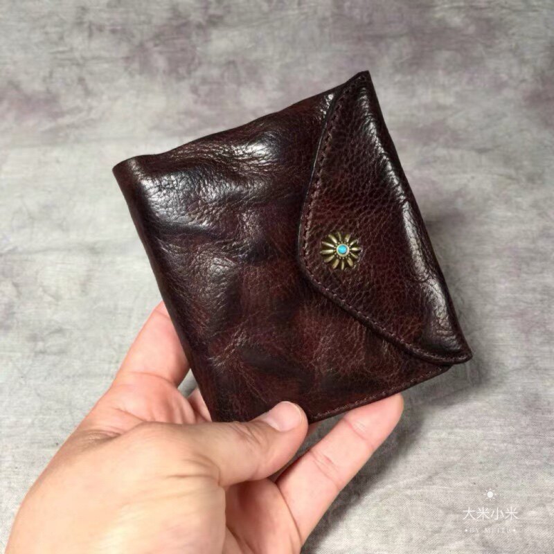 复古植鞣皮质感男女琉彩搭扣三折短款钱包时尚牛皮薄款皮夹子钱夹