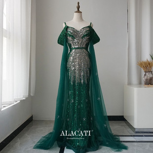 新款 鱼尾吊带性感晚礼服名媛晚宴主持演出口外贸 高端优雅重工水袖