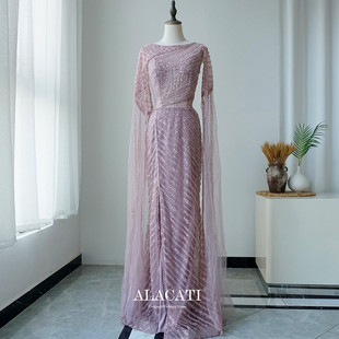 显瘦女神水袖 修身 名媛晚宴演出口迪拜 高端奢华鱼尾晚礼服长款 新款