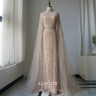 外贸出口高端奢华重工水袖 高腰显瘦鱼尾晚礼服名媛晚宴年会主持演