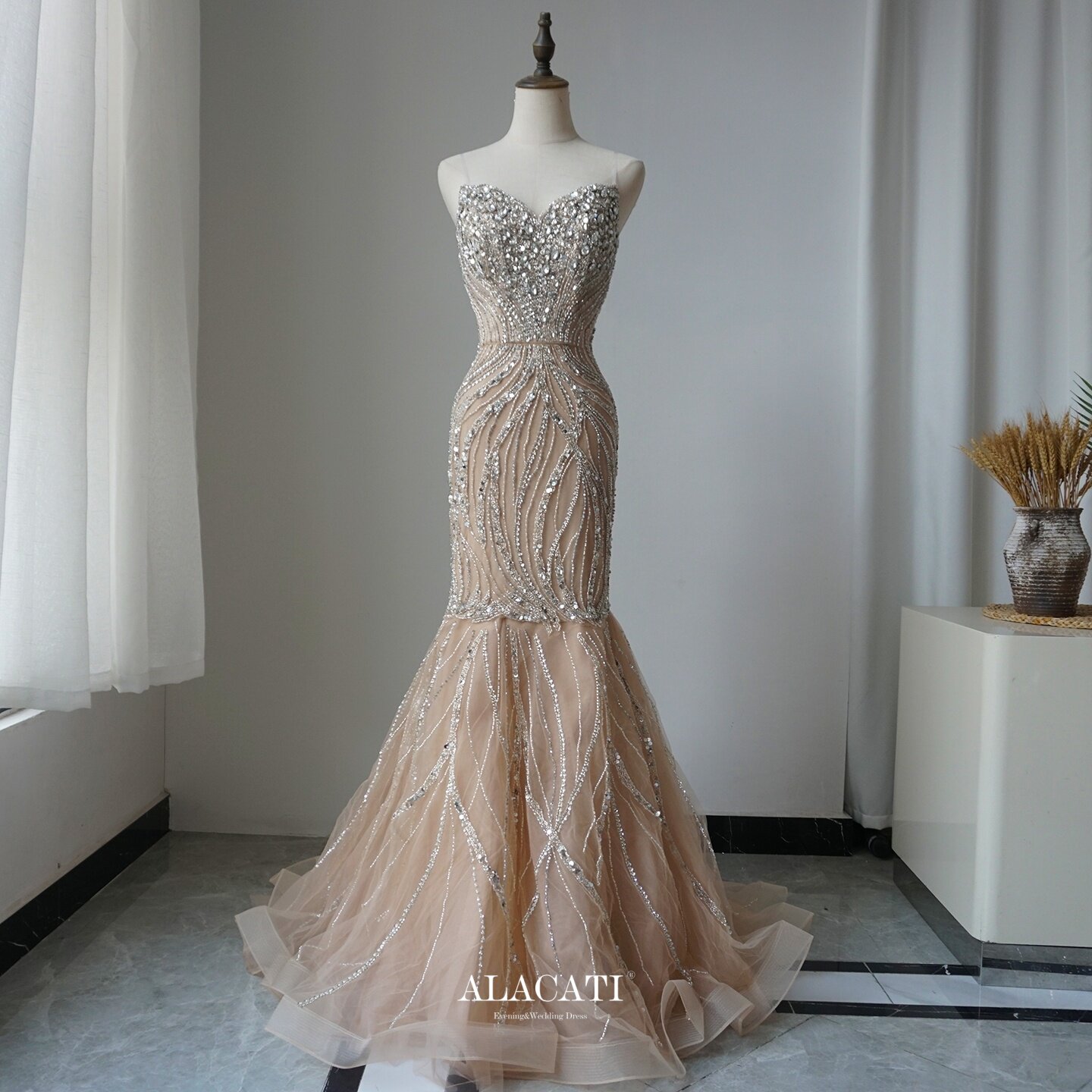 Alacati 外贸新款奢华重工时尚显瘦性感抹胸鱼尾晚礼服女晚宴年会