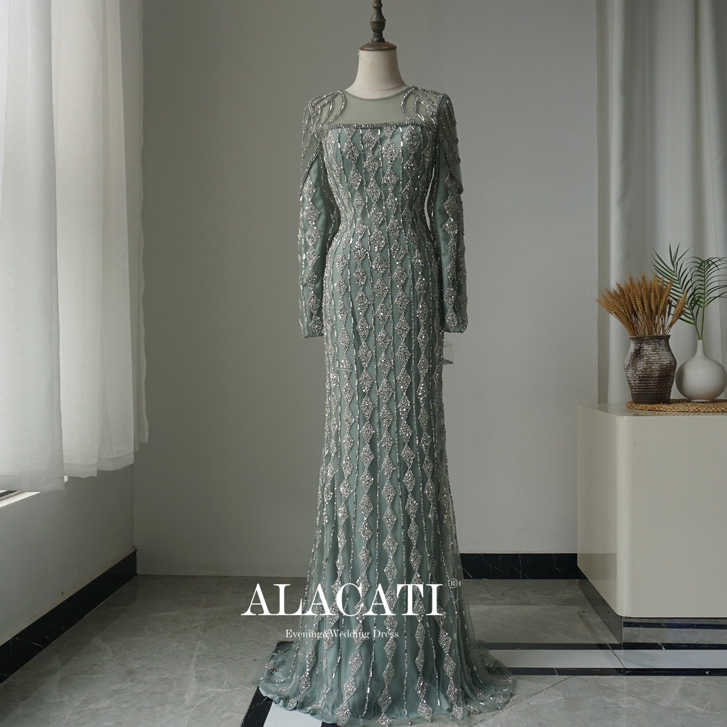 Alacati 外贸奢华高端鱼尾重工长袖鱼尾晚礼服女年会晚宴出口中东