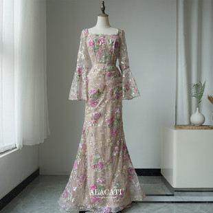 Alacati 绣花重工喇叭袖长袖鱼尾晚礼服敬酒服年会演出晚宴口欧美