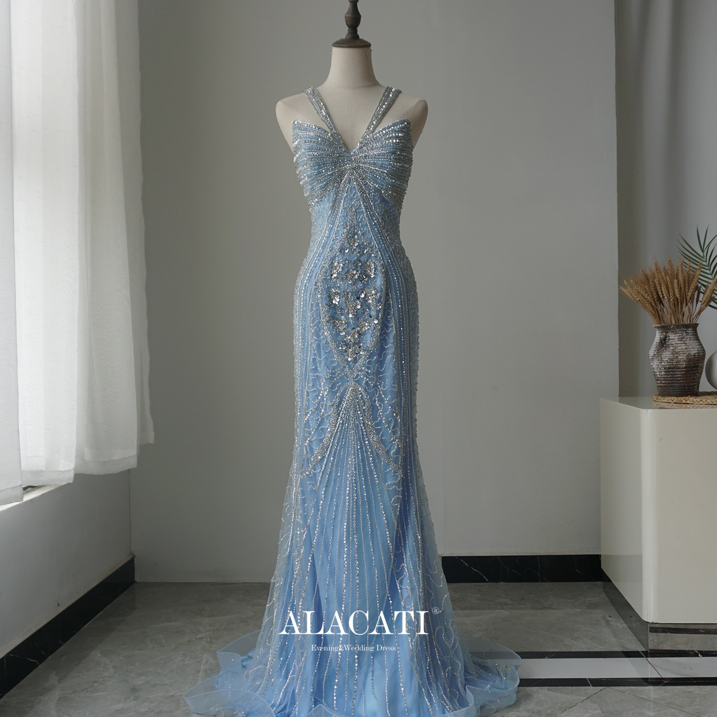 Alacati 外贸高端奢华重工挂脖修身显瘦鱼尾晚礼服优雅年会演出口