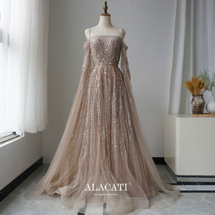 高端奢华新款吊带一字肩高腰显瘦蓬蓬裙重工晚礼服晚宴演出口中东