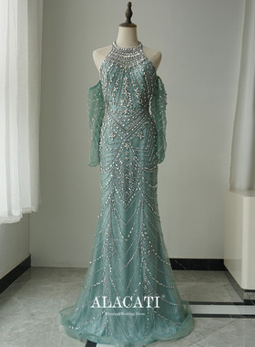 外贸新款高端奢华两穿绿色挂脖鱼尾晚礼服高腰显瘦名媛晚宴演出口