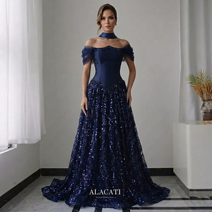 Alacati外贸高端欧美时尚一字肩高腰显瘦A摆晚礼服女年会晚宴出口