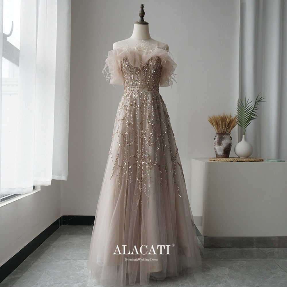 Alacati晚礼服甜美一字羽毛重工