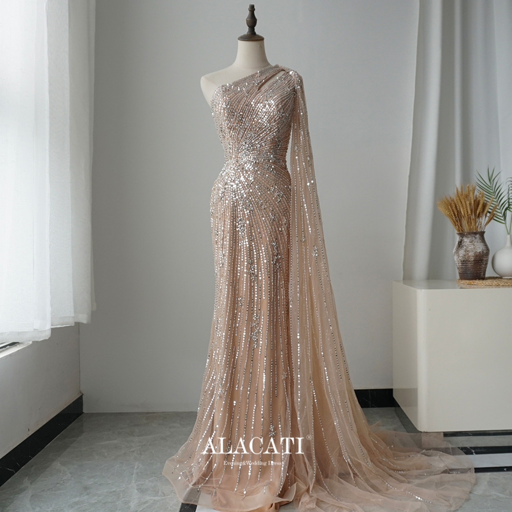 高端奢华重工单肩水袖显瘦长款鱼尾晚礼服名媛晚宴年会演出口外贸