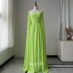 晚礼服名媛晚宴演出活动出口外贸 性感绿长款 水袖 大摆简约柠檬时尚