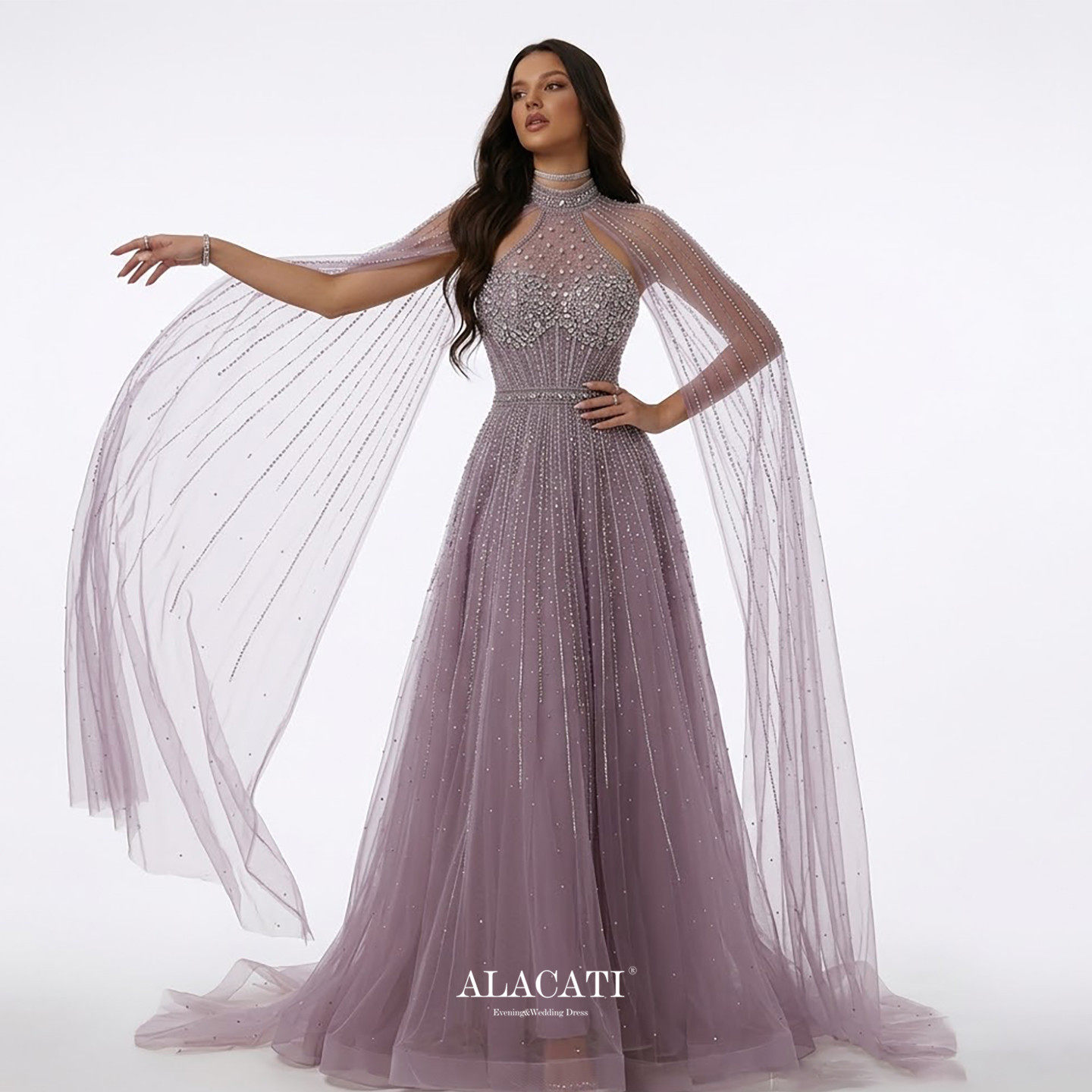 Alacati 出口外贸高端奢华重工水袖小立领 A摆高腰显瘦晚礼服晚宴