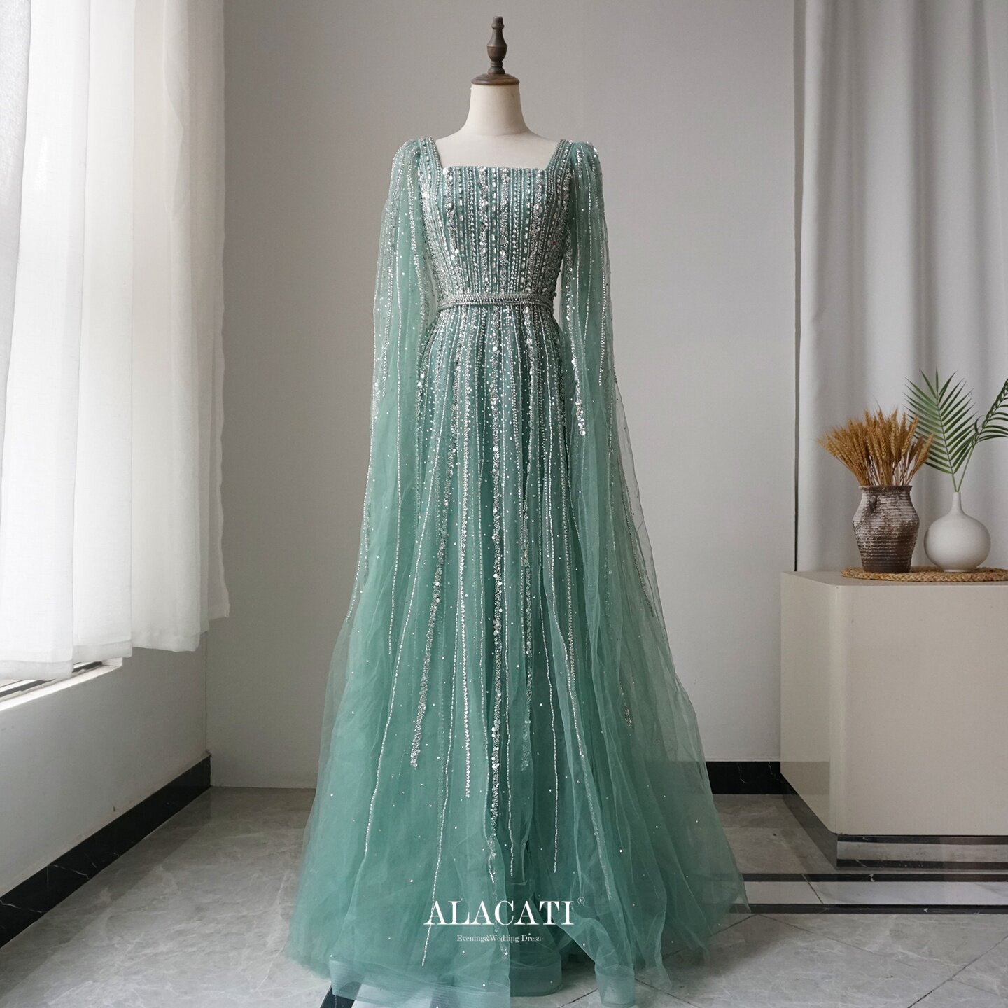 Alacati外贸高端奢华重工水袖A摆高腰显瘦遮肚晚礼服独唱名媛晚宴