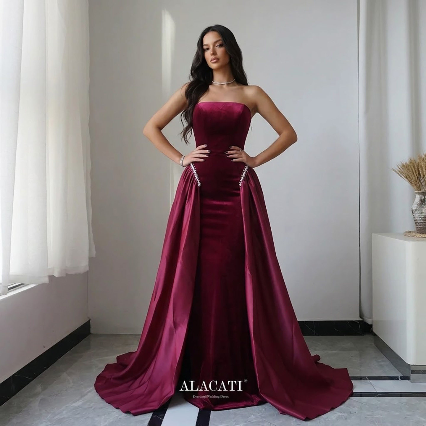 Alacati 新简约时尚拖尾鱼尾性感抹胸晚礼服年会晚宴出口中东外贸