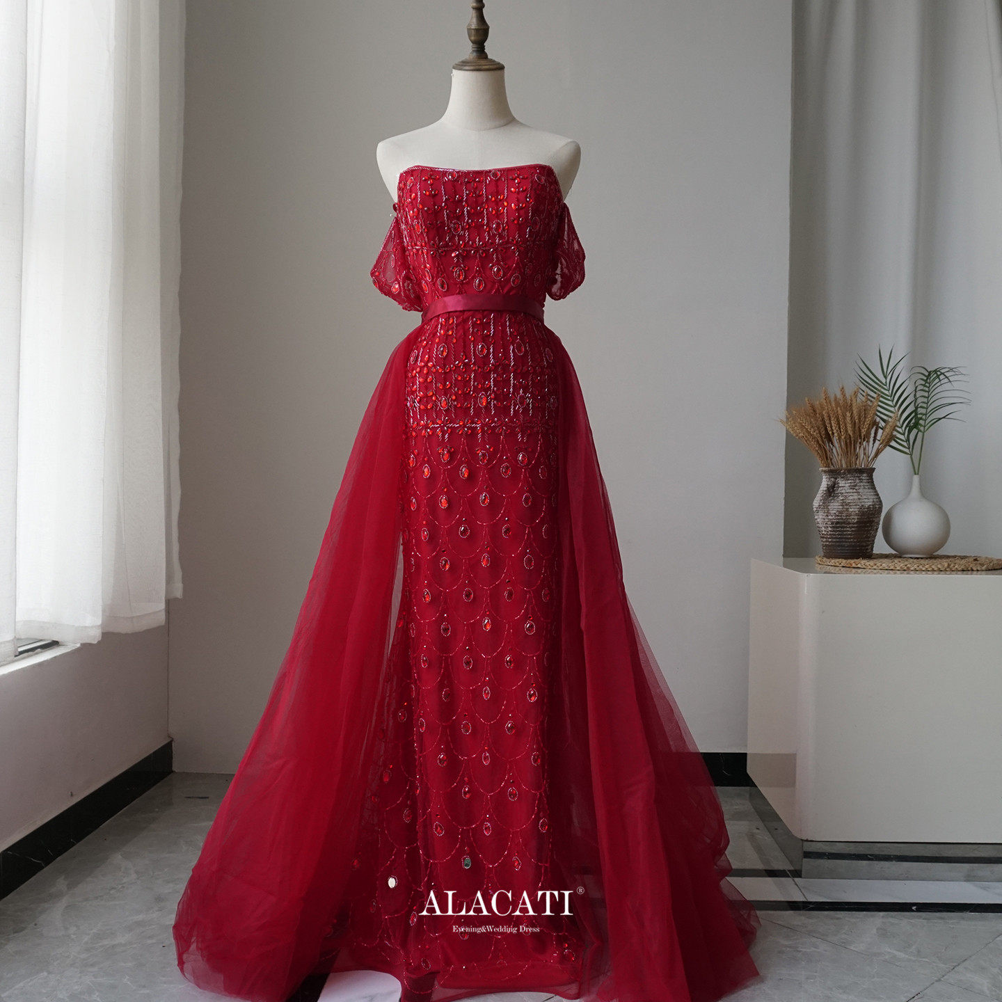 Alacati出口外贸高端奢华一字肩高腰显瘦鱼尾T拖尾晚礼服晚宴新娘