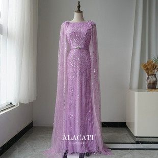 新品 浅紫色高腰显瘦鱼尾晚礼服年会晚宴演出 外贸高端奢华重工水袖