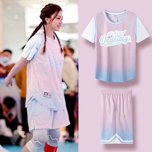 2025新款短袖篮球服女生套装粉色球衣假两件T恤训练队服班服订制