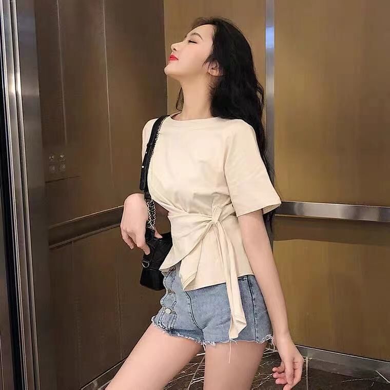 Net red summer new short sleeve irregular cotton T-shirt for women with loose and thin design