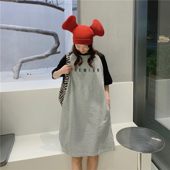 Real shot cotton letter embroidery pocket loose and thin short sleeve T-shirt skirt long dress